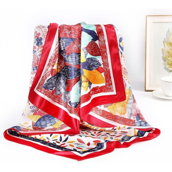 35 Inch Silk Head Scarf 2 Pcs Floral(navy/Red) - Picture 5 of 7